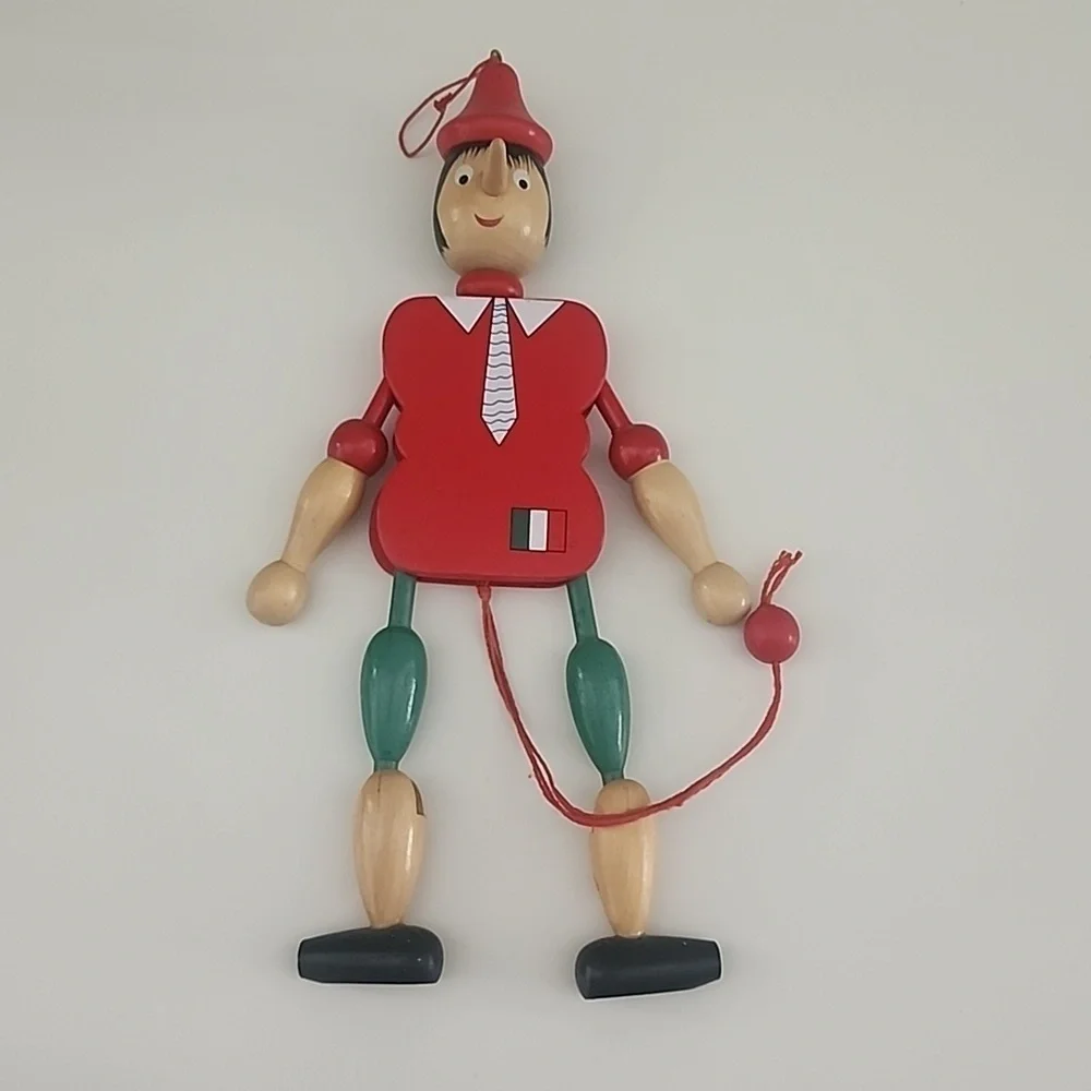 Vintage Pinocchio Italian Wooden Pull String Puppet Toy 12” Jumping Jack Figure